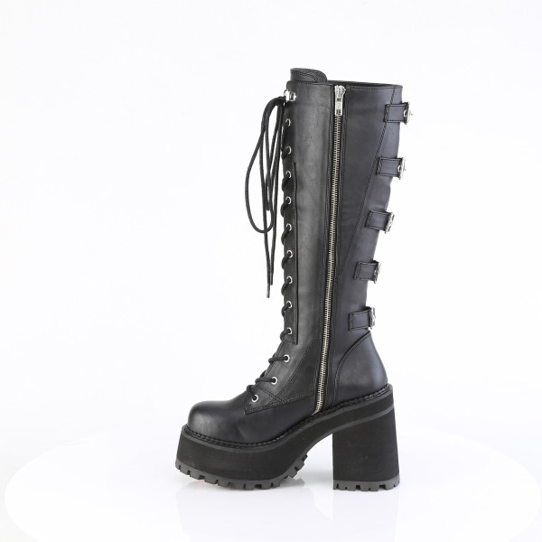 DemoniaCult Damen Platform-Kniestiefel Assault-218 black vegan leather