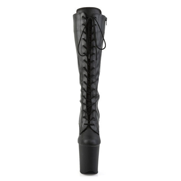 PleaserUSA Knielange Plateau-Schnürstiefel Flamingo-2023 mattschwarz