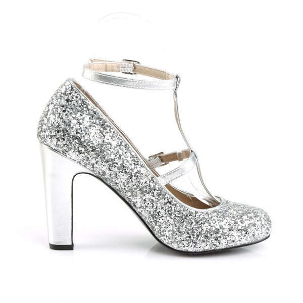 Pink Label Big Size Glitter High Heels Pumps Queen-01 mit T-Spange silber