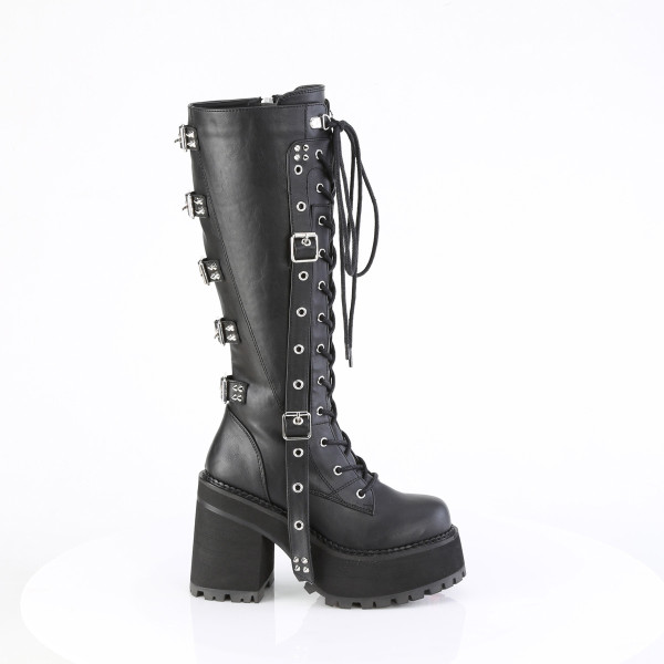 DemoniaCult Damen Platform-Kniestiefel Assault-218 black vegan leather