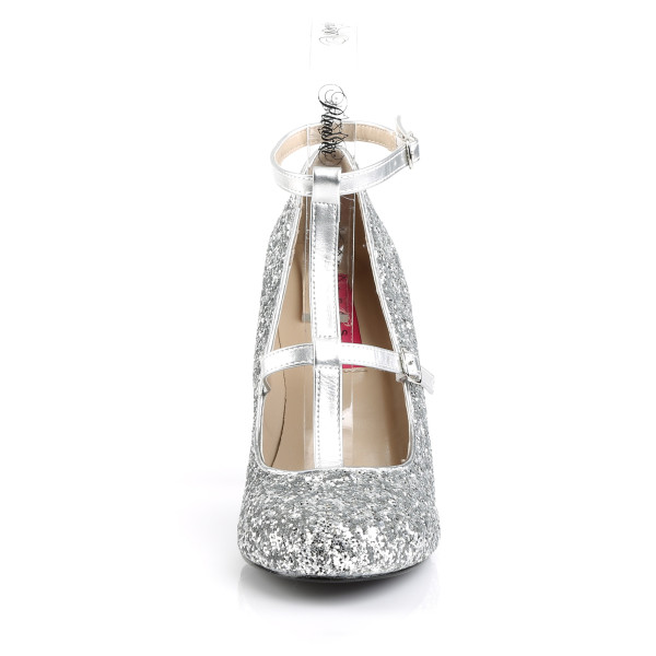 Pink Label Big Size Glitter High Heels Pumps Queen-01 mit T-Spange silber