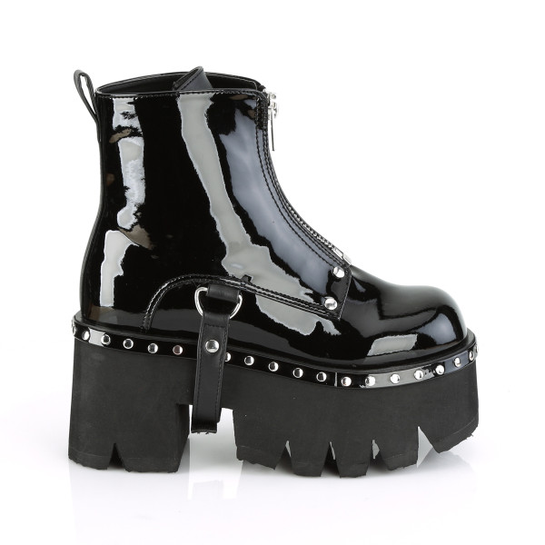 DemoniaCult Damen Chunky Heel Cut Out Nieten Boots Ashes-100 Lack schwarz